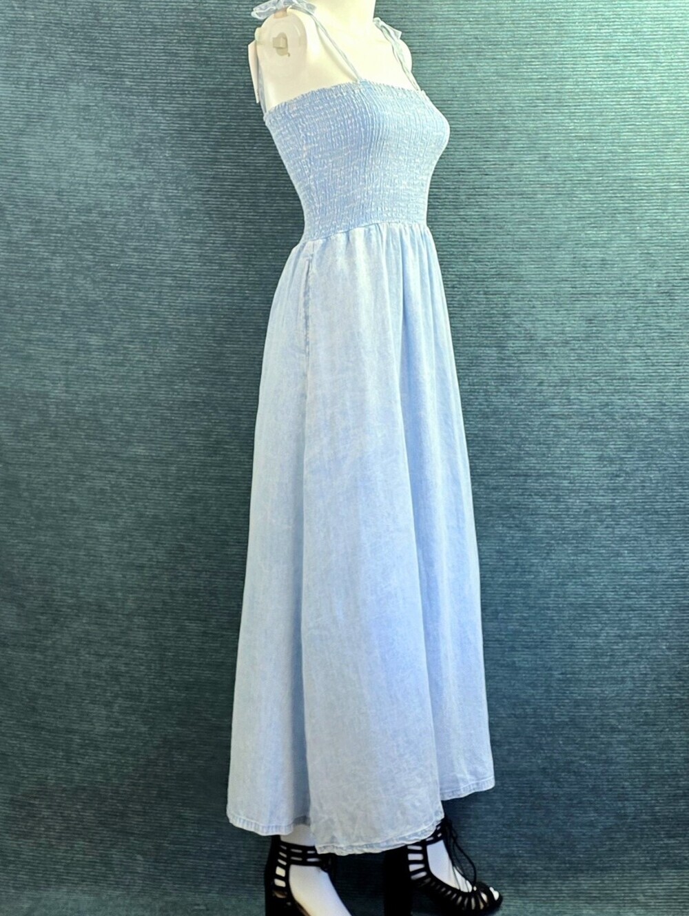 Splendid Indigo Tie Strap Dress With Smocked Bodice